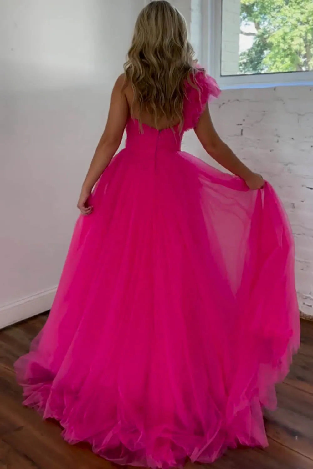 Wholesale Hot Pink A-Line One Shoulder Long Tulle Prom Dress With Split